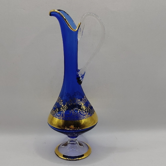 Vintage Venetian Italy 24k Gold Leaf Cobalt Blue Decanter Vase 8.5